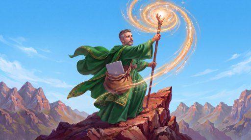 Duncan Winn as a wizard summoning light on a mountaintop