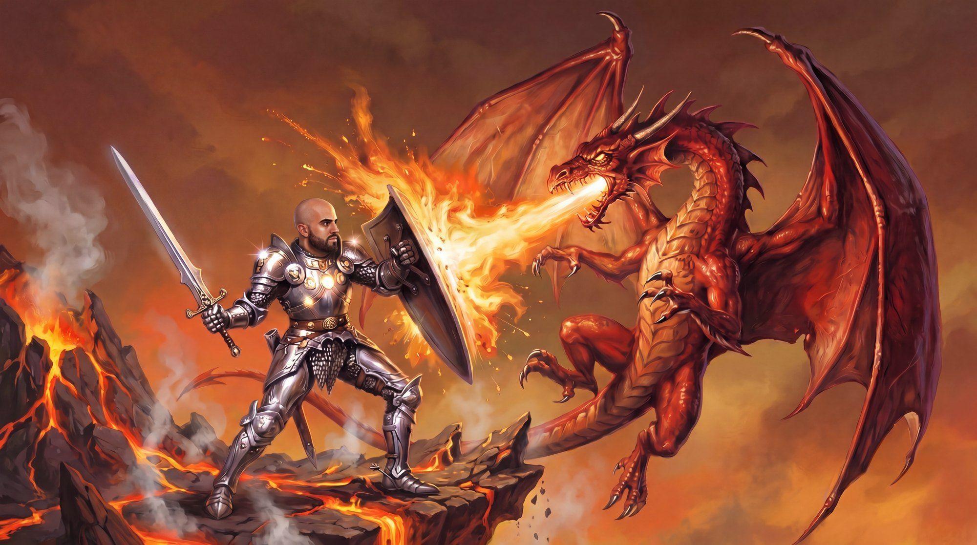 Emilios Nicolaou facing down a fire-breathing dragon
