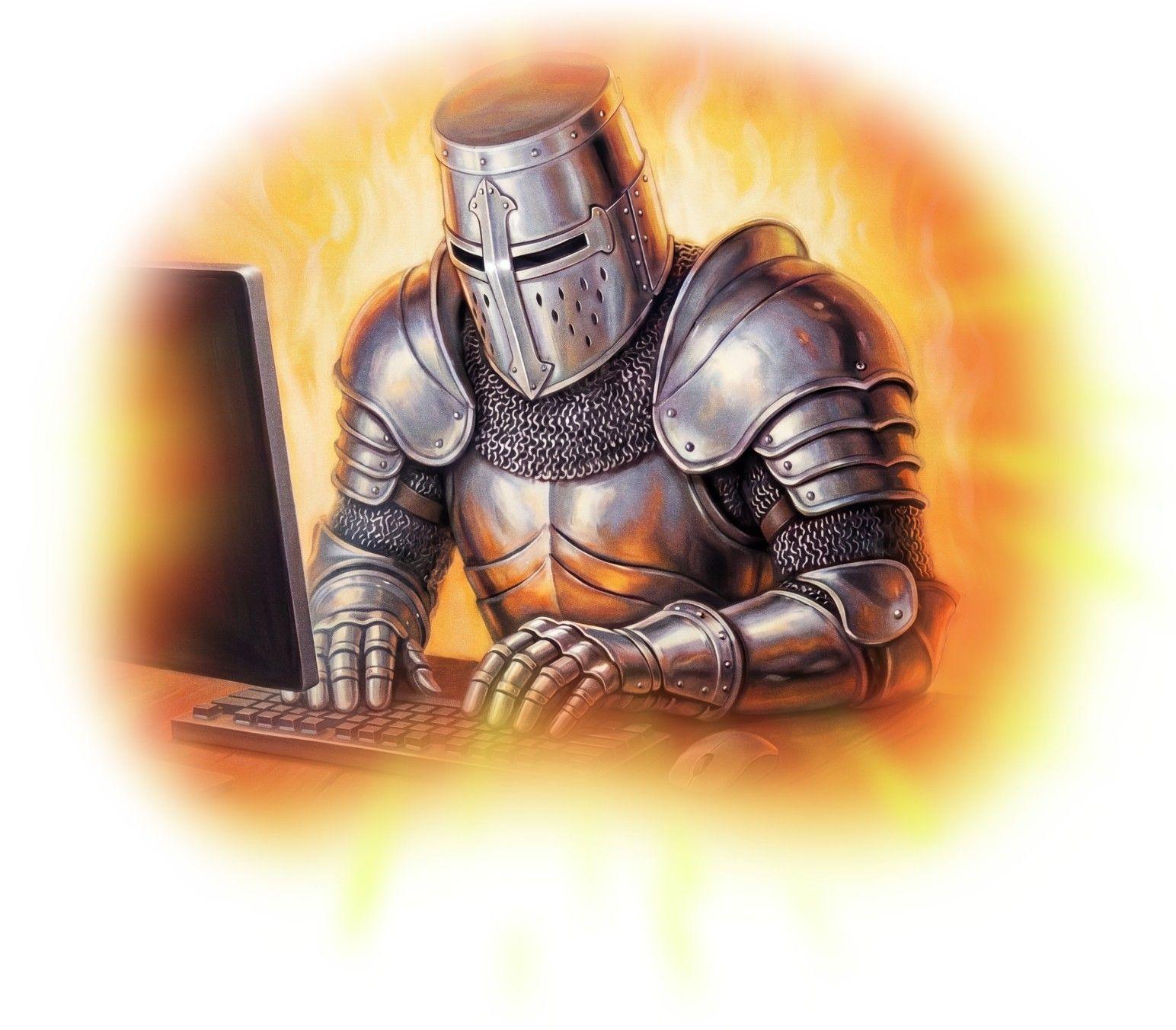 A knight in full armour typing at a computer, surrounded by fire