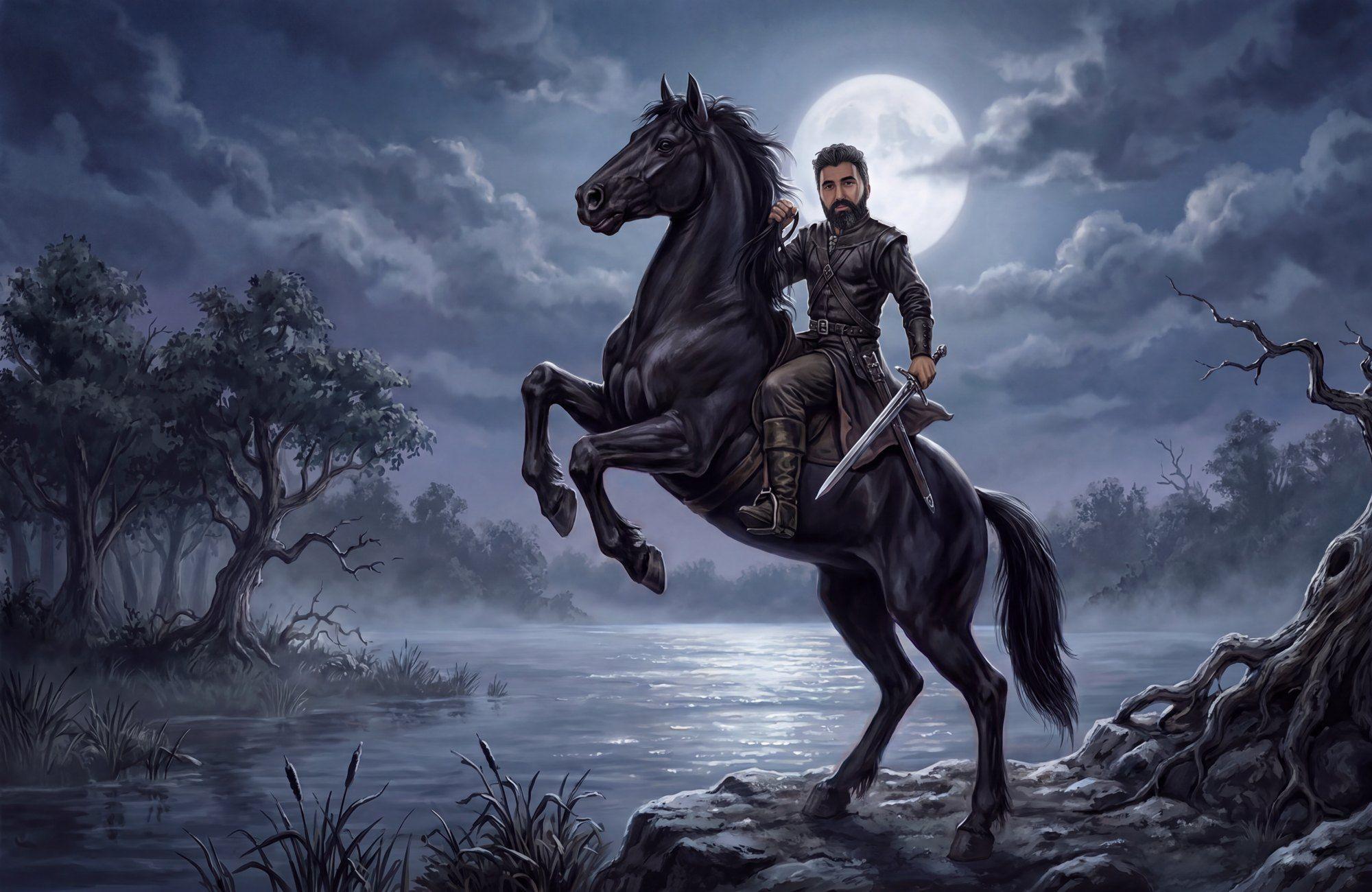 Pedro Sardela on a rearing black horse under a full moon