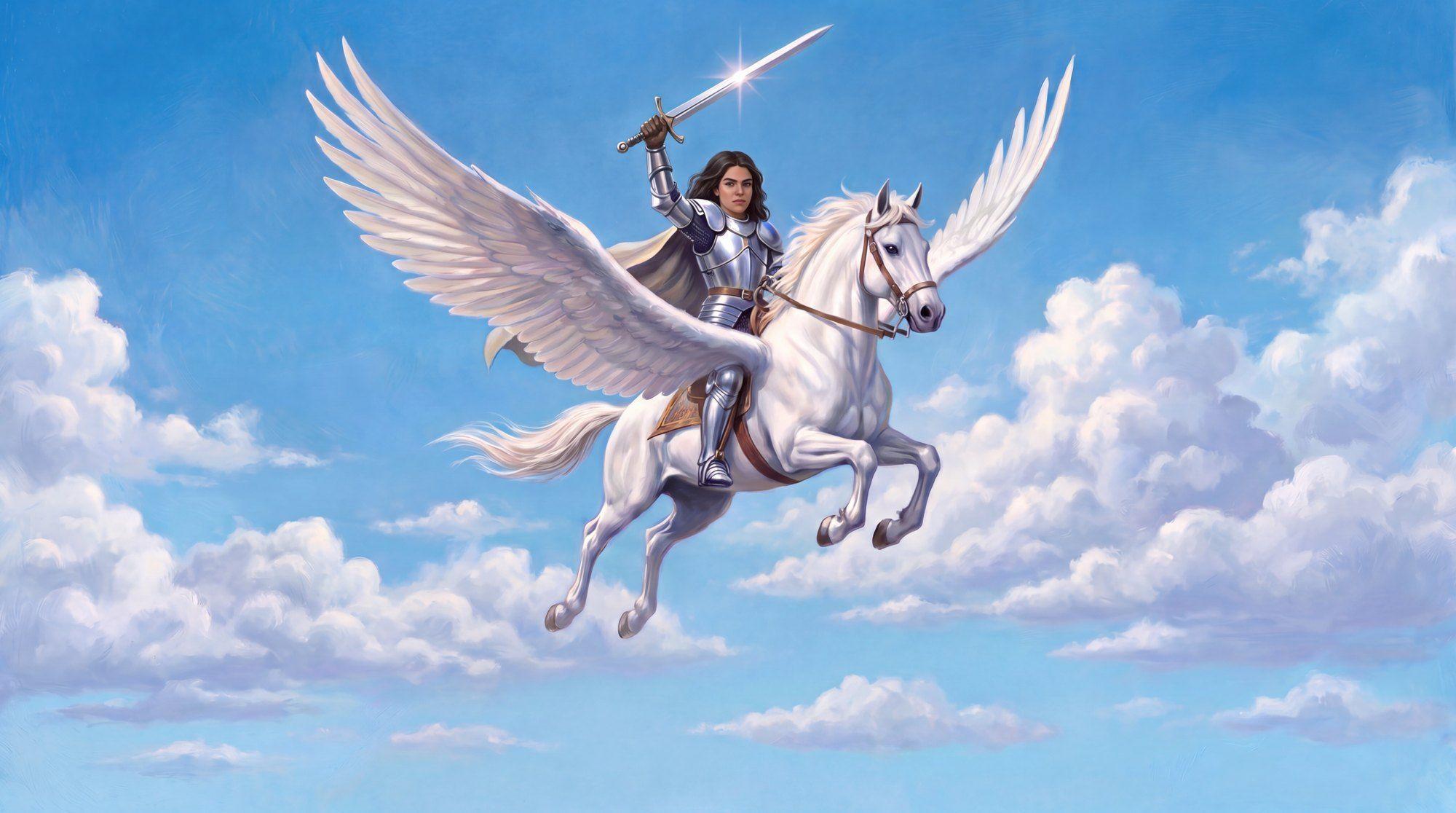 Rita Chiou riding a pegasus through the clouds